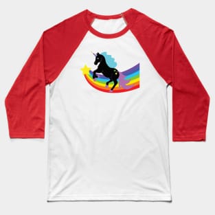 Black Unicorn With Rainbow and Stars Baseball T-Shirt